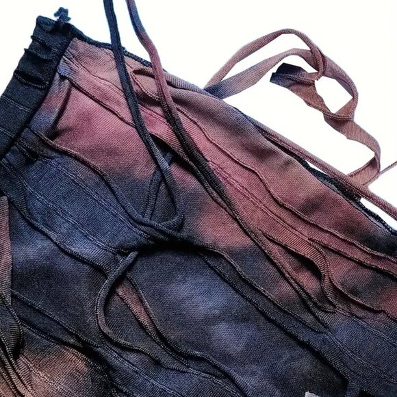 Tie Dye Print Flare Leg Pants, Y2K High Waist Skinny Tassel Mesh Pants - Picture 4 of 5